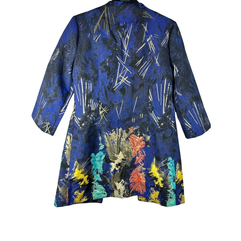 Joseph Ribkoff Metallic Abstract Art Jacquard Open Front Jacket Blue Gold Size 4